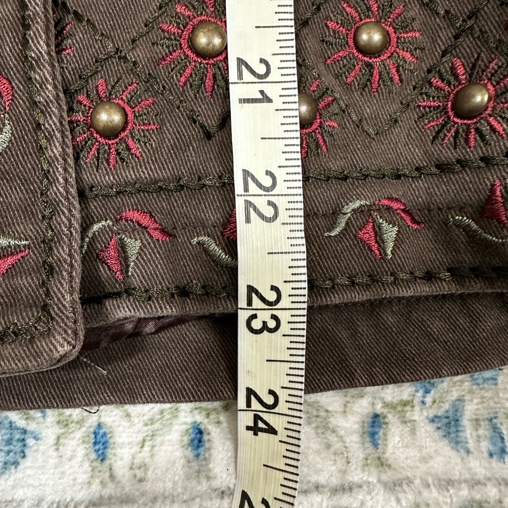 Vintage Brown Grunge Embroidered Unique Funky Embellishmed Button Denim Jacket - Picture 6 of 7